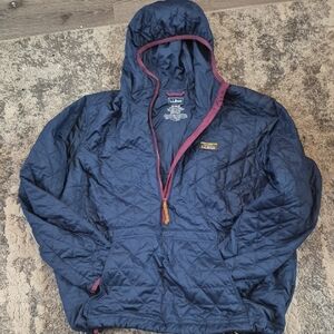 L.L. Bean Navy Quilted Hooded Pullover with Burgundy Trim